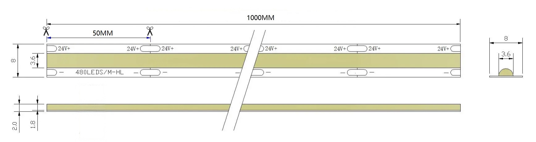 0.5M Constant Current LED Strip, 480LEDs/m, 24V, 7.5W/M, 50mm Cut, 3.5oz Copper, 3000K Warm White, CRI90 Dimensions
