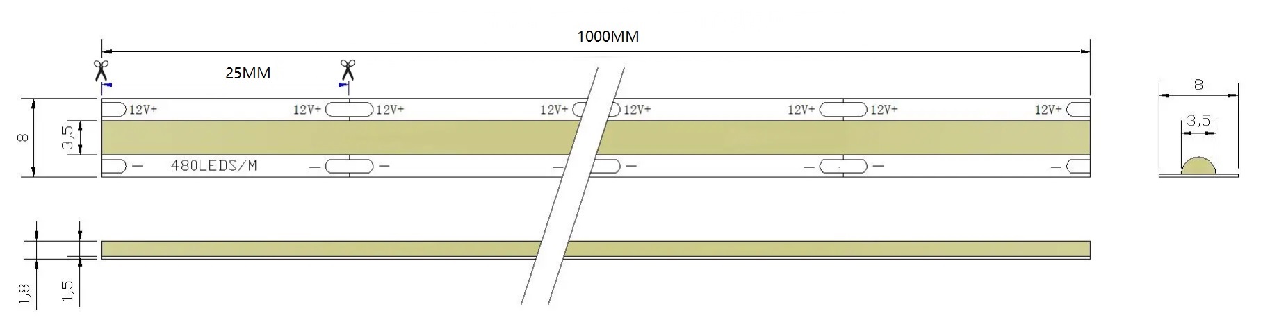 12V 480D Seamless COB LED Strip | 8mm Al PCB | 6000K RA90 10.5W/M 5M/Reel Dimensions