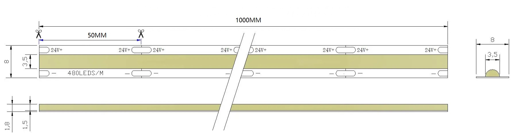 24V 480D Seamless COB LED Strip | 8mm Al PCB | 4000K RA90 10.5W/M 5M/Reel Dimensions