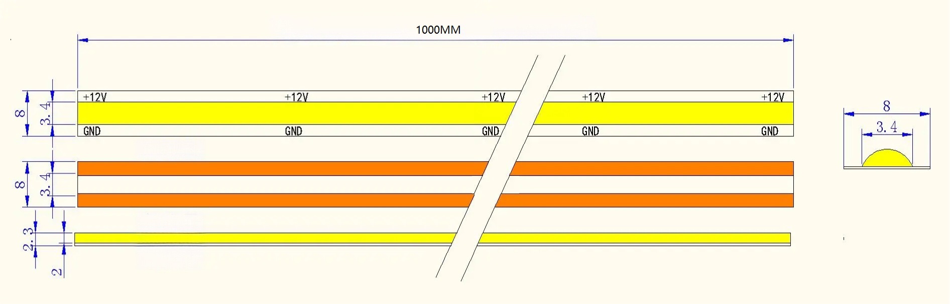 0.5M 528LEDs/m Any-Cut LED Strip, 12V, 13W/M, 3.78mm Cut, 18/35µm Copper, 4000K Natural White, CRI90 Dimensions