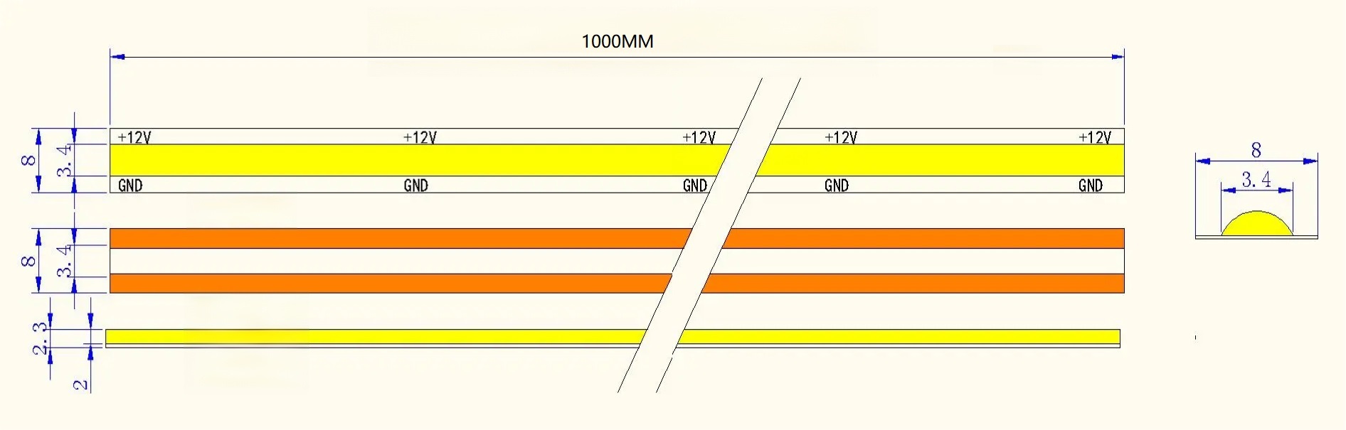 12V Any-Cut 528D Seamless COB LED Strip | 8mm Al PCB | 6000K RA90 13W/M 5M/Reel Dimensions