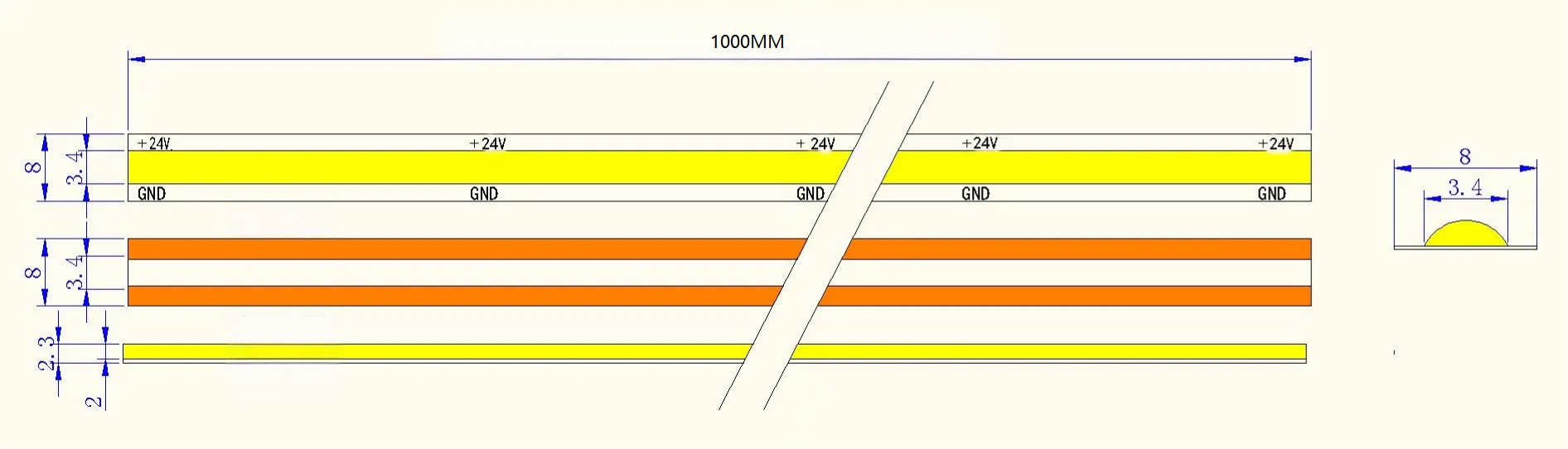 0.5M 528LEDs/m Any-Cut LED Strip, 24V, 13W/M, 3.78mm Cut, 18/35µm Copper, 4000K Natural White, CRI90 Dimensions