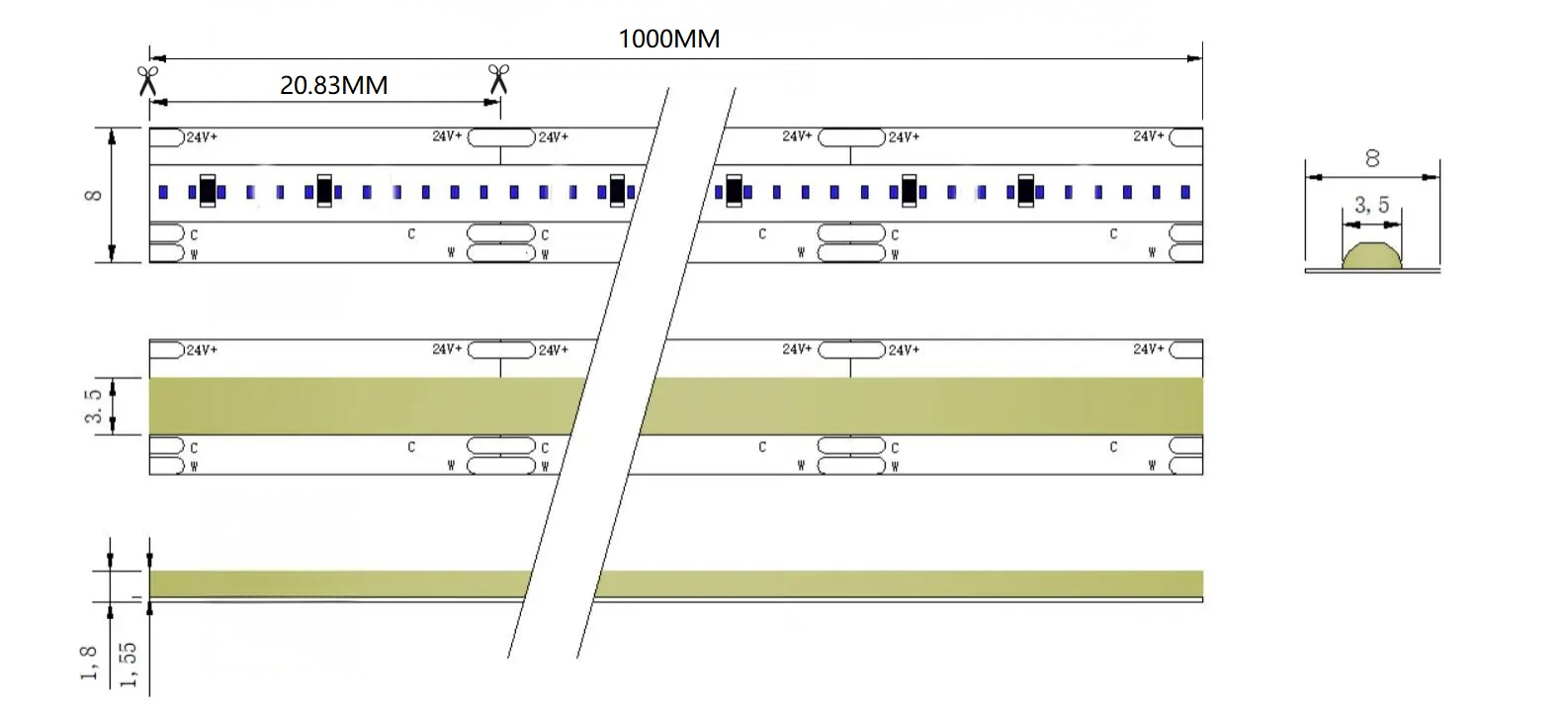 10W+10W 3-Wire Dual White LED Strip, 576LEDs/m, 8mm, 24V, 20.83mm Cut, 2700K-6500K, 5m/Reel Dimensions