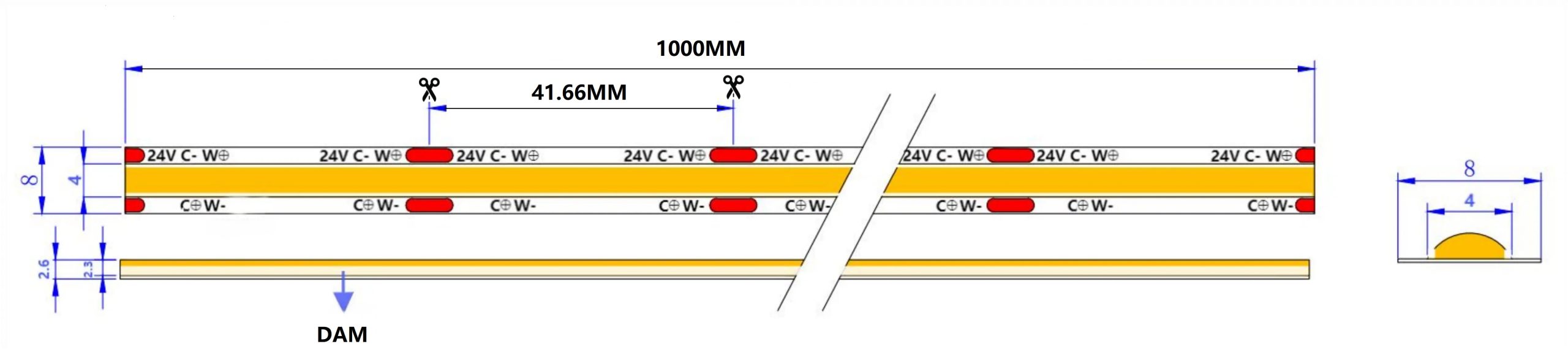 5M Dual White LED Strip, 576LEDs/m, 8mm Width, 24V, 10W+10W, 41.66mm Cut, 10M/Roll Dimensions