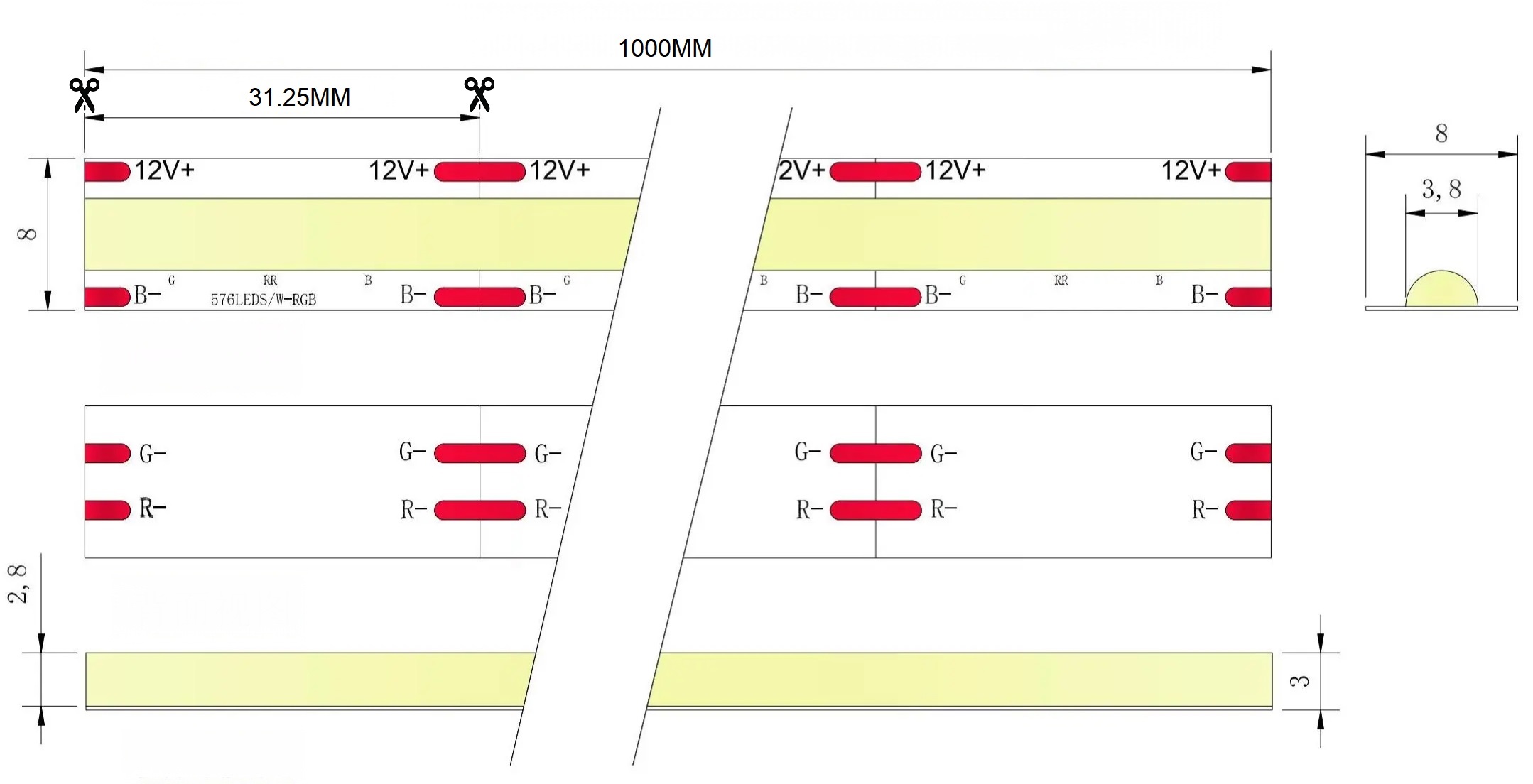 0.5M RGB LED Strip, 576LEDs/m, 8mm Width, 12V, 10W/M, 31.25mm Cut, Static Color Dimensions