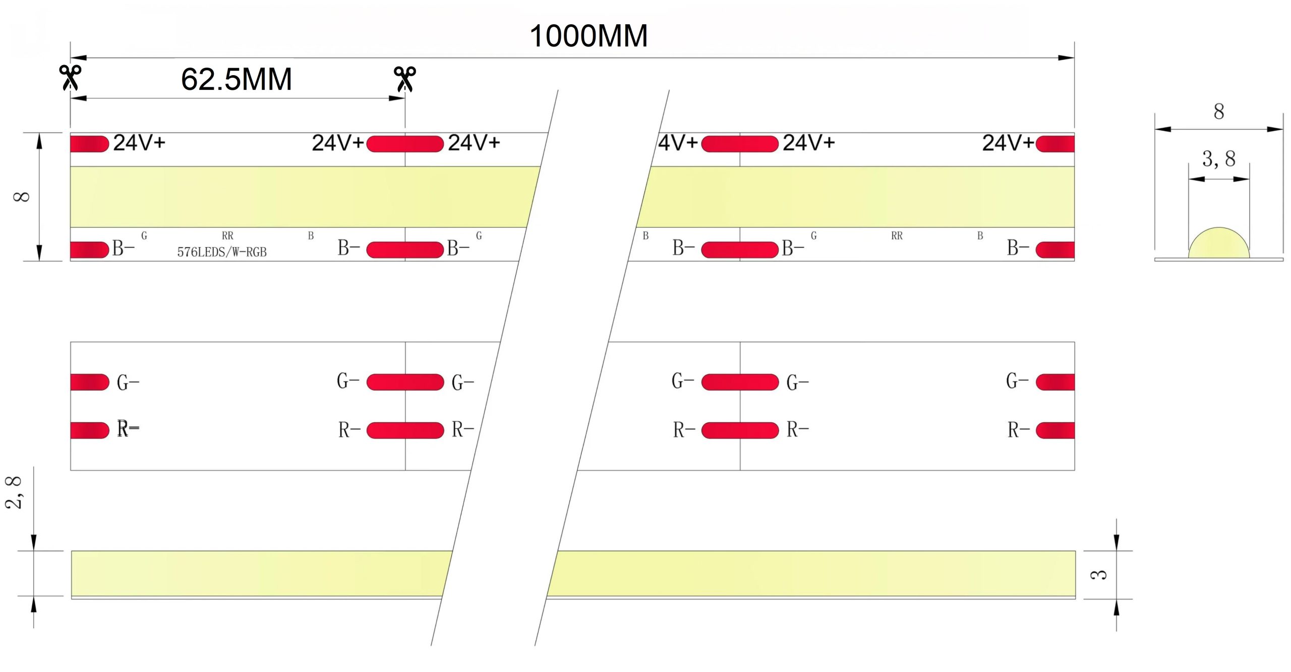 0.5M RGB LED Strip, 576LEDs/m, 8mm Width, 24V, 10W/M, 62.5mm Cut, Static Color Dimensions