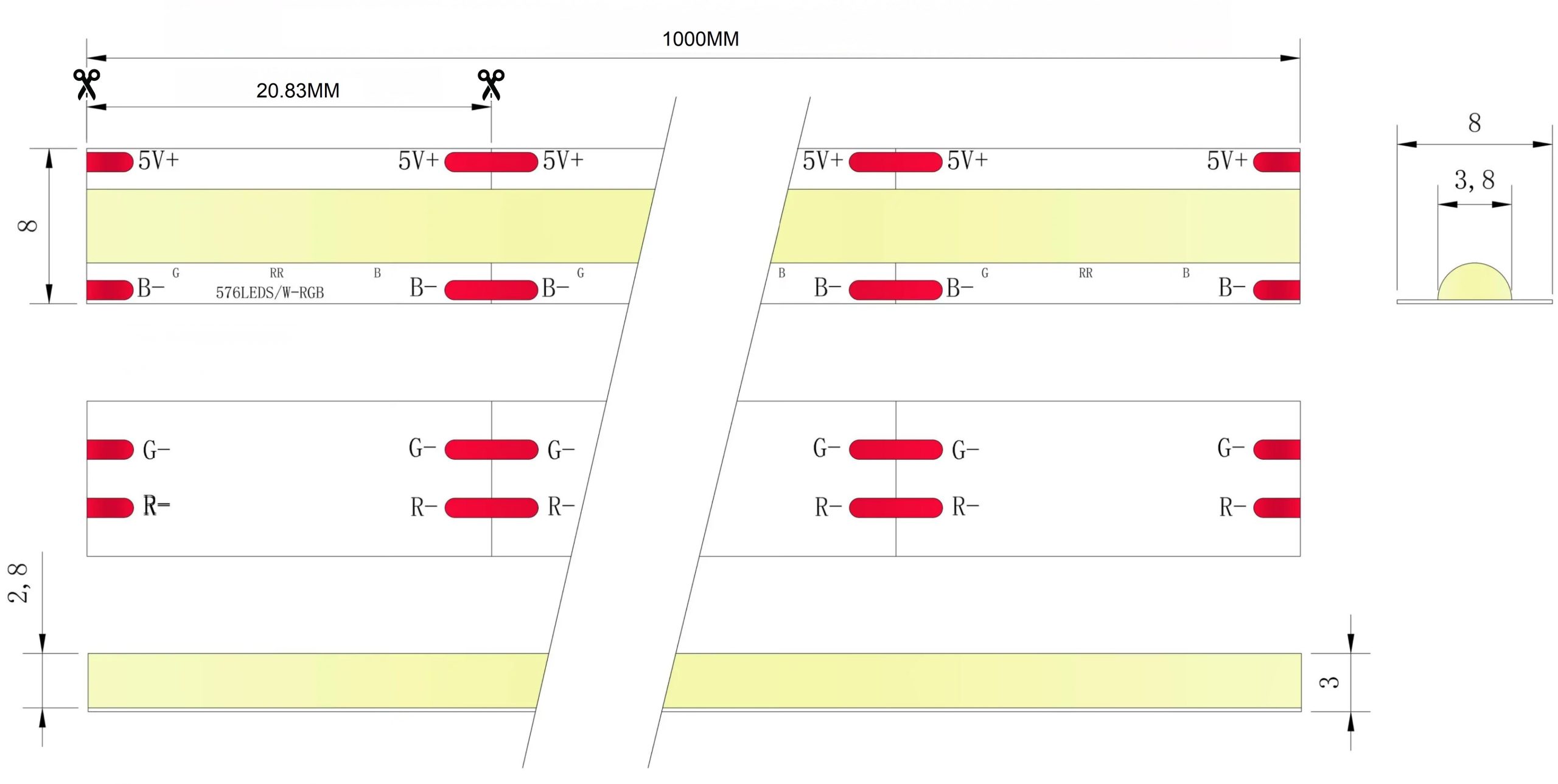 0.5M RGB LED Strip, 576LEDs/m, 8mm Width, 5V, 7W/M, 20.83mm Cut, Static Color Dimensions