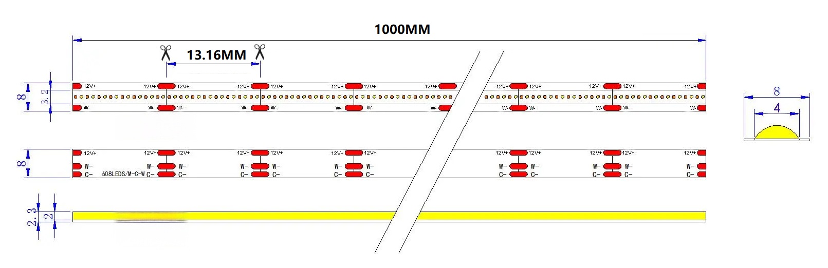 0.5M Dual White LED Strip, 608LEDs/m, 8mm Width, 12V, 6W+6W, 13.16mm Cut, 2700K-6500K Tunable, CRI90 Dimensions