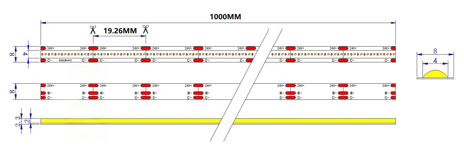 0.5M Dual White LED Strip, 624LEDs/m, 8mm Width, 24V, 7W+7W, 19.26mm Cut, 2700K-6500K Tunable, CRI90 Dimensions