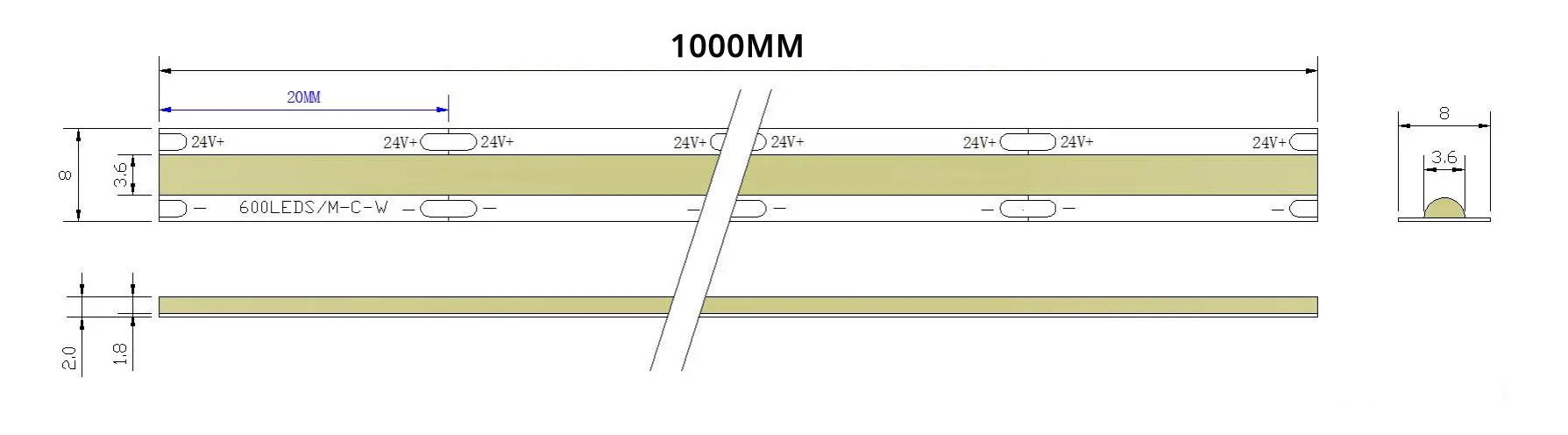 0.5M Dual White LED Strip, 600LEDs/m, 8mm Width, 24V, 14W/M, 20mm Cut, 2700K-6500K Tunable, CRI90 Mechanical Dimensions