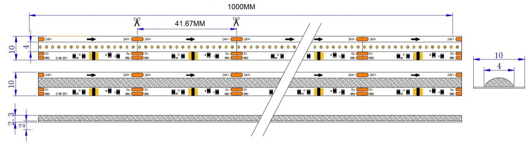 0.5M Dual White WS2811 LED Strip, 576LEDs/m, 10mm Width, 24V, 10W+10W, 41.66mm Cut, Tunable White Dimensions