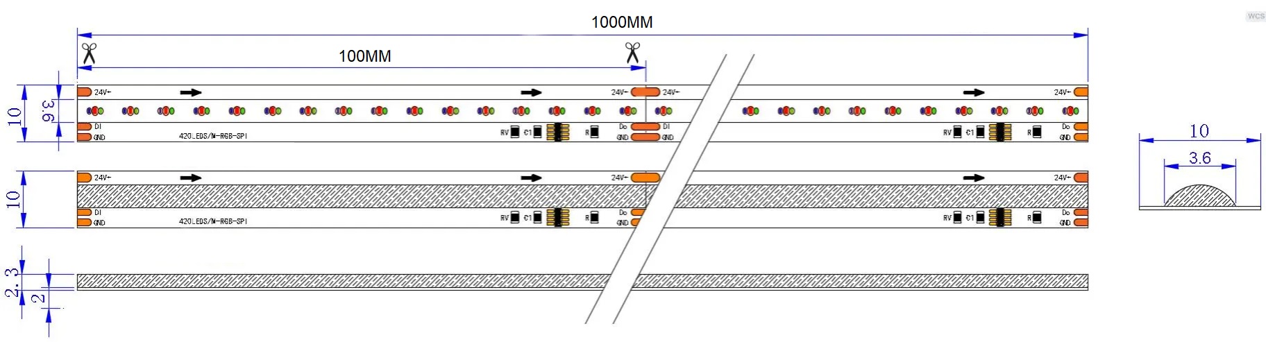 0.5M WS2811 Addressable LED Strip, 420LEDs/m, 10mm Width, 24V, 10W/M, 100mm Cut, RGBIC Dimensions