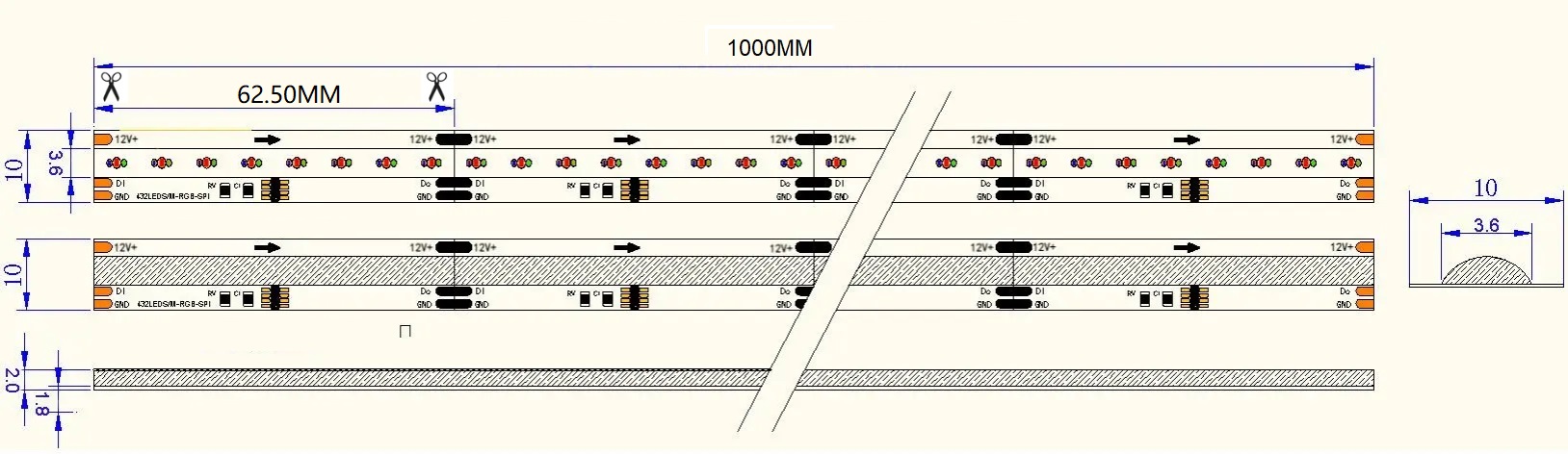 0.5M WS2811 Addressable LED Strip, 432LEDs/m, 10mm Width, 12V, 8W/M, 62.5mm Cut, RGBIC Dimensions