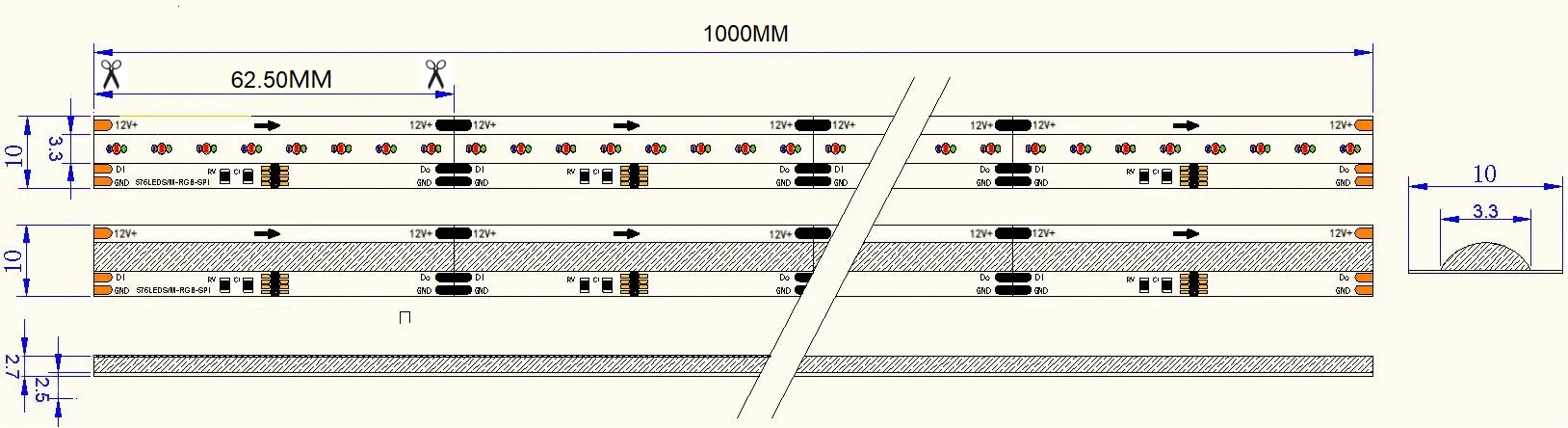 0.5M WS2811 Addressable LED Strip, 576LEDs/m, 10mm Width, 12V, 10W/M, 62.5mm Cut, RGBIC Dimensions