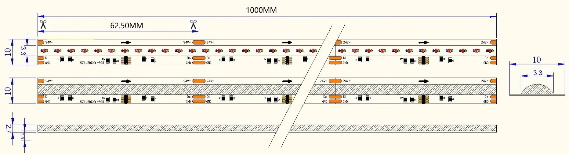 0.5M WS2811 Addressable LED Strip, 576LEDs/m, 10mm Width, 24V, 16W/M, 62.5mm Cut, RGBIC Dimensions