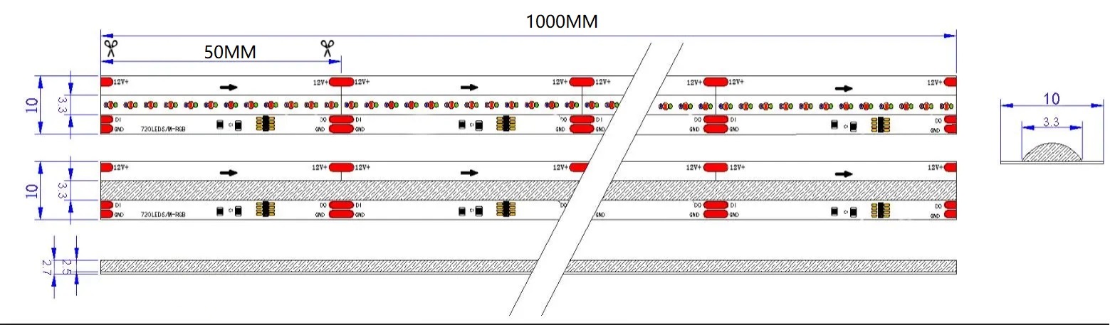 0.5M WS2811 Addressable LED Strip, 720LEDs/m, 10mm Width, 12V, 10W/M, 50mm Cut, RGBIC Dimensions