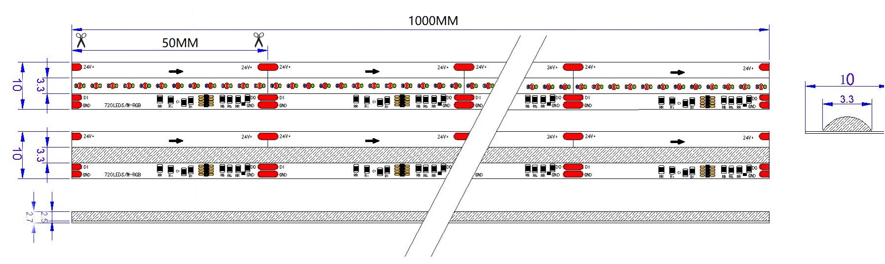 0.5M WS2811 Addressable LED Strip, 720LEDs/m, 10mm Width, 24V, 19W/M, 50mm Cut, RGBIC Dimensions