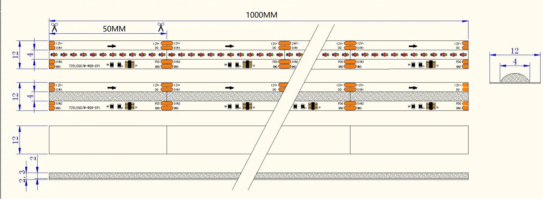 0.5M WS2818 Addressable LED Strip, 720LEDs/m, 12mm Width, 12V, 12W/M, 50mm Cut, Signal Backup Dimensions