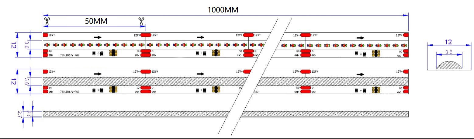 0.5M WS2811 Addressable LED Strip, 720LEDs/m, 12mm Width, 12V, 10W/M, 50mm Cut, Heavy Copper Dimensions