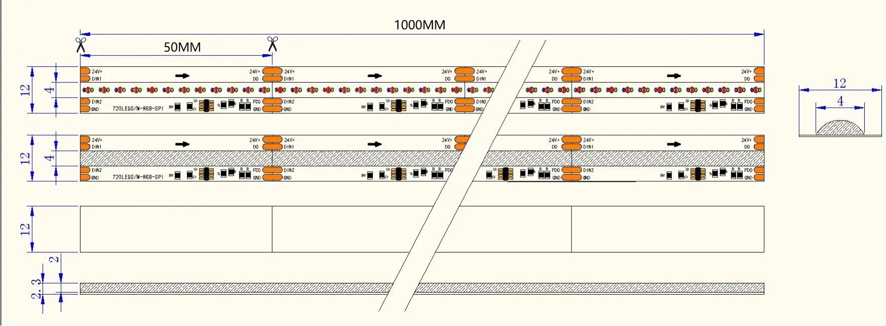 0.5M WS2818 Addressable LED Strip, 720LEDs/m, 12mm Width, 24V, 21W/M, 50mm Cut, Signal Backup Dimensions