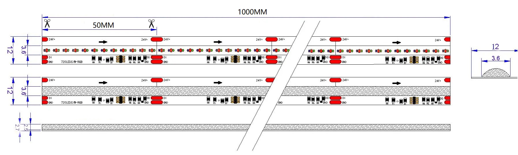 0.5M WS2811 Addressable LED Strip, 720LEDs/m, 12mm Width, 24V, 19W/M, 50mm Cut, Heavy Copper Dimensions