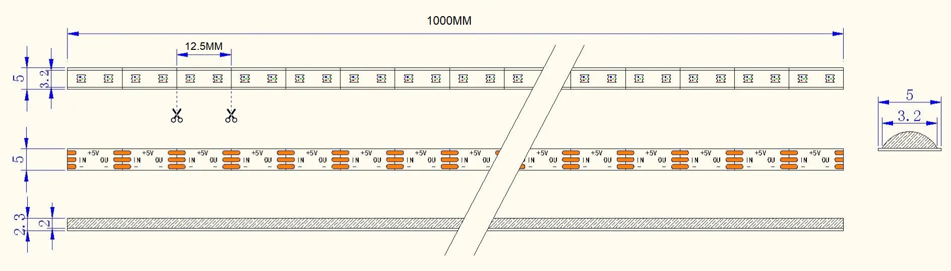 0.5M WS1838 Addressable LED Strip, 160pixels/m, 5mm Width, 5V, 13W/M, 12.5mm Cut, RGBIC Dimensions