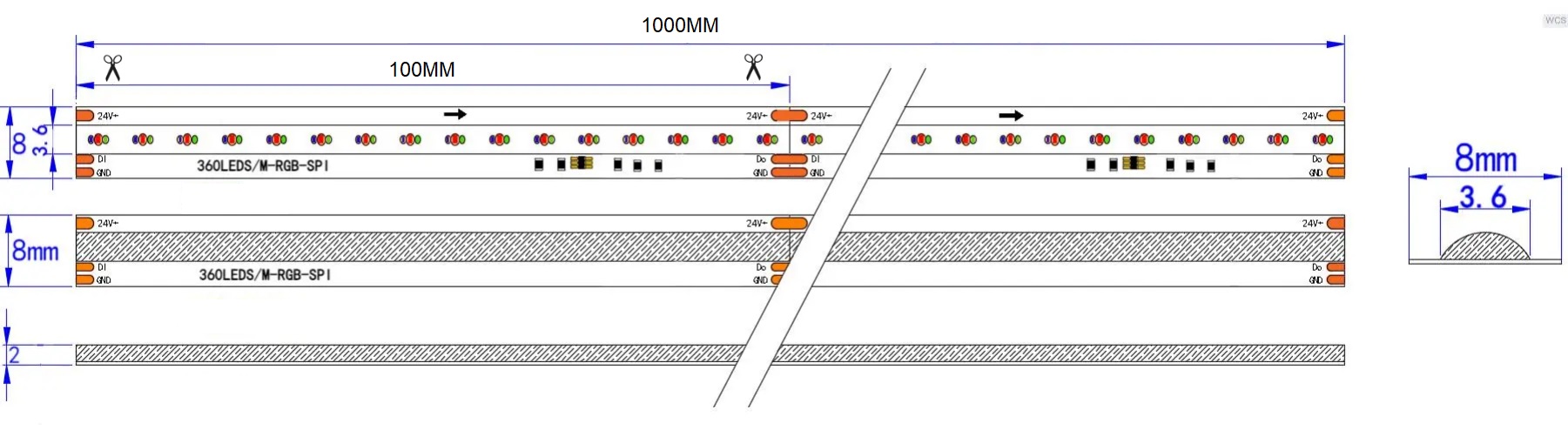 0.5M JD36703A Addressable LED Strip, 360LEDs/m, 8mm Width, 24V, 12W/M, 100mm Cut, RGBIC Dimensions