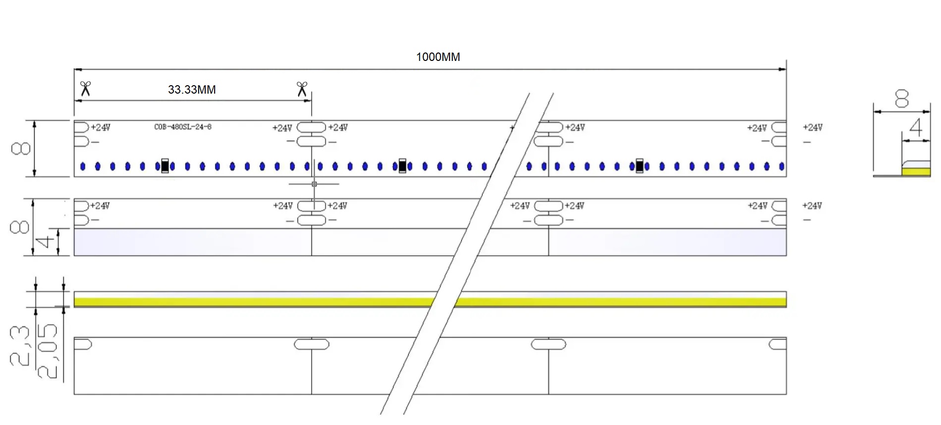 0.5M WS2811 RGB + Separate White LED Strip, 480LEDs/m, 10mm Width, 24V, 17W, 100mm Cut, CRI90 Dimensions
