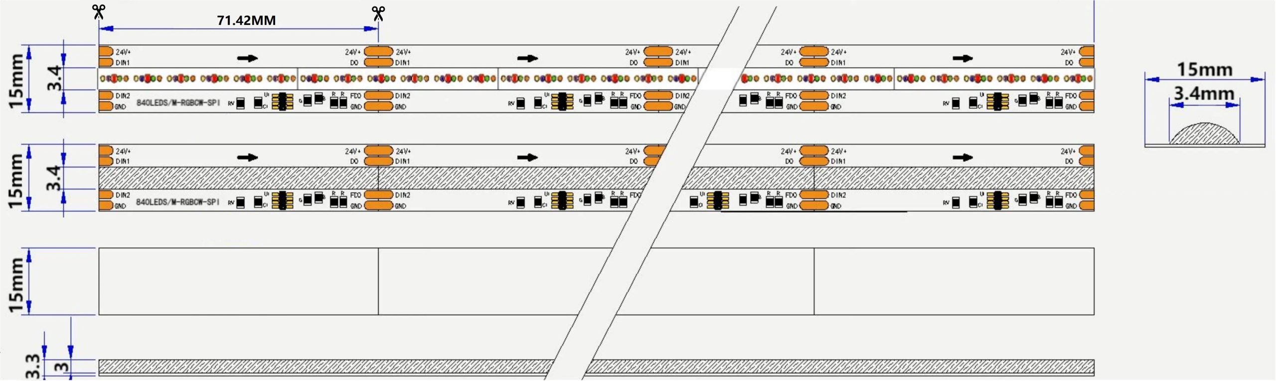 0.5M WS2805 RGBCW Addressable LED Strip, 840LEDs/m, 15mm Width, 24V, 26W/M, 71.43mm Cut, Signal Backup Dimensions