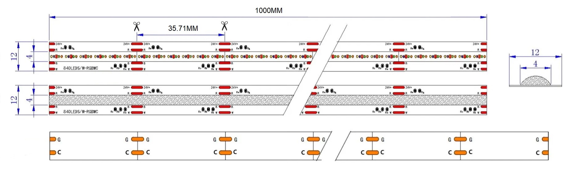 0.5M RGBWC LED Strip, 840LEDs/m, 12mm Width, 24V, 21W/M, 35.71mm Cut, RGBWW, CRI90 Dimensions