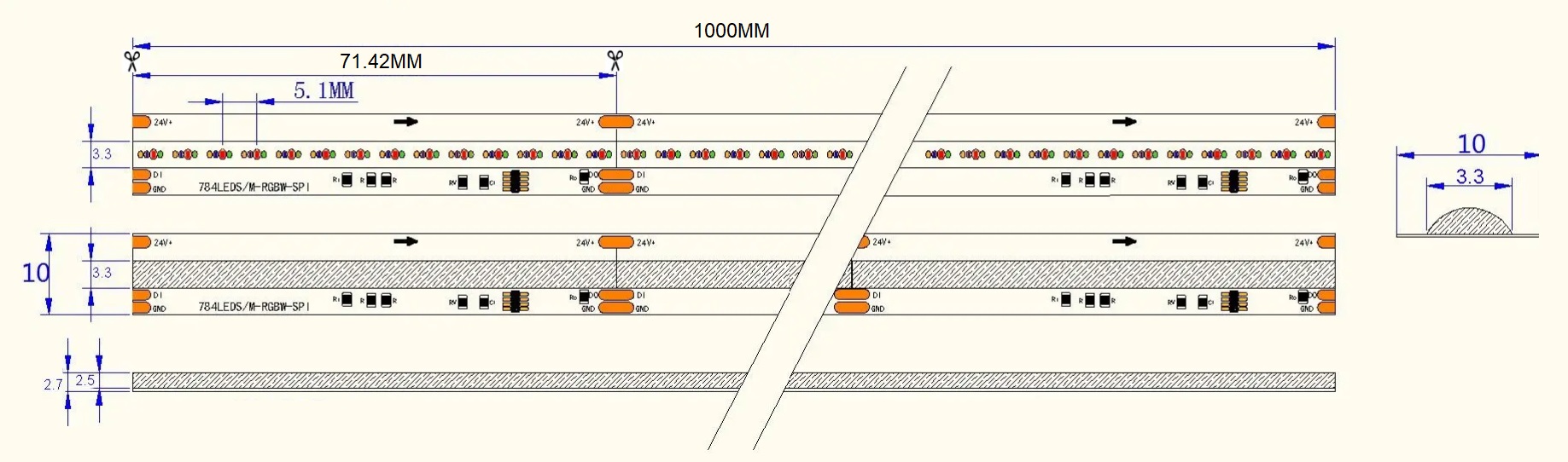 0.5M WS2814 RGBW Addressable LED Strip, 784LEDs/m, 10mm Width, 24V, 21W/M, 71.43mm Cut, CRI90 Dimensions
