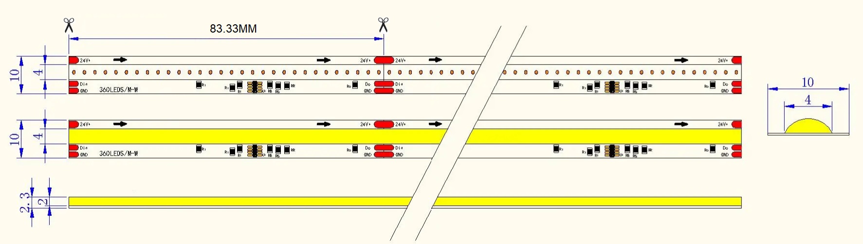 0.5M WS2811 Addressable LED Strip, 360LEDs/m, 10mm Width, 24V, 11W/M, 83.33mm Cut, Water Flow Effect Dimensions