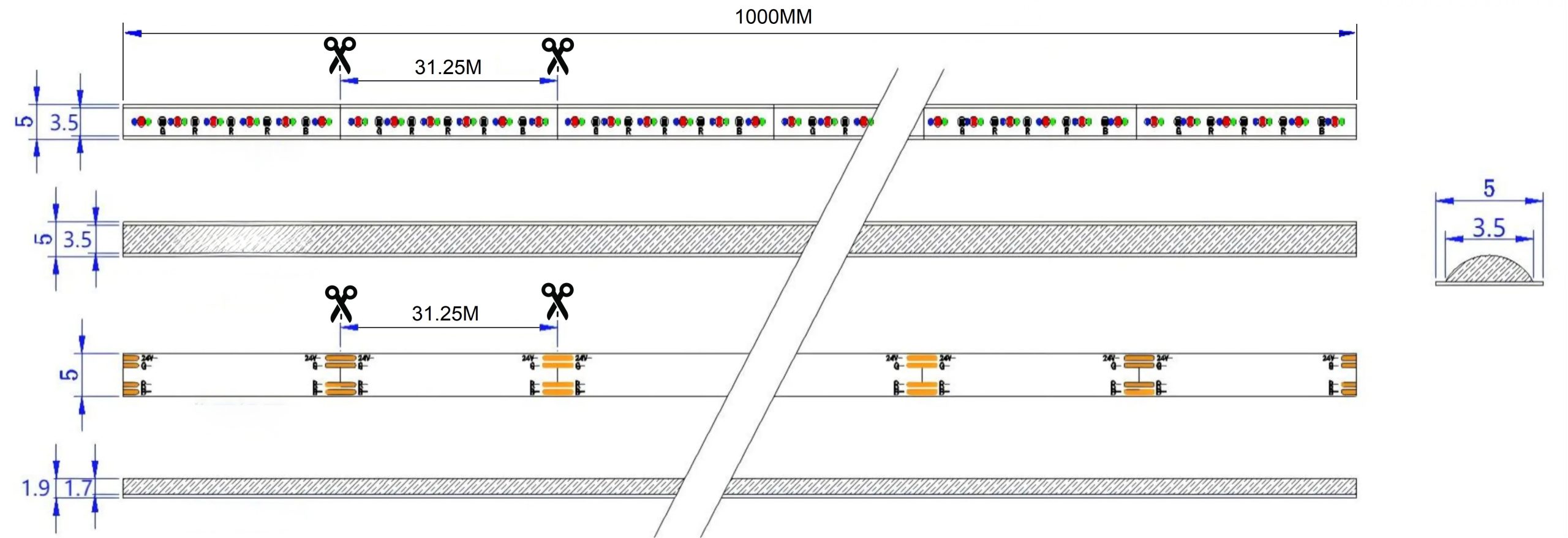 0.5M RGB LED Strip, 576LEDs/m, 5mm Width, 24V, 10W/M, 31.25mm Cut, Static Color Mechanical Dimensions