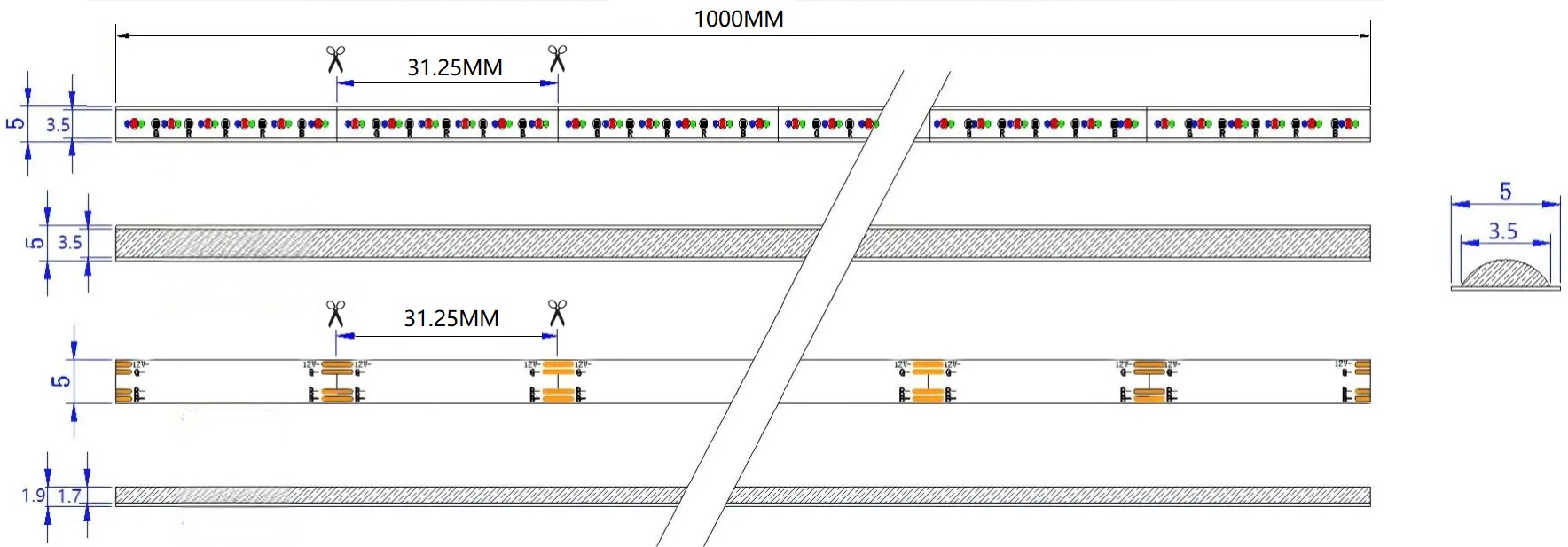 0.5M RGB LED Strip, 576LEDs/m, 5mm Width, 12V, 10W/M, 31.25mm Cut, Static Color Mechanical Dimensions