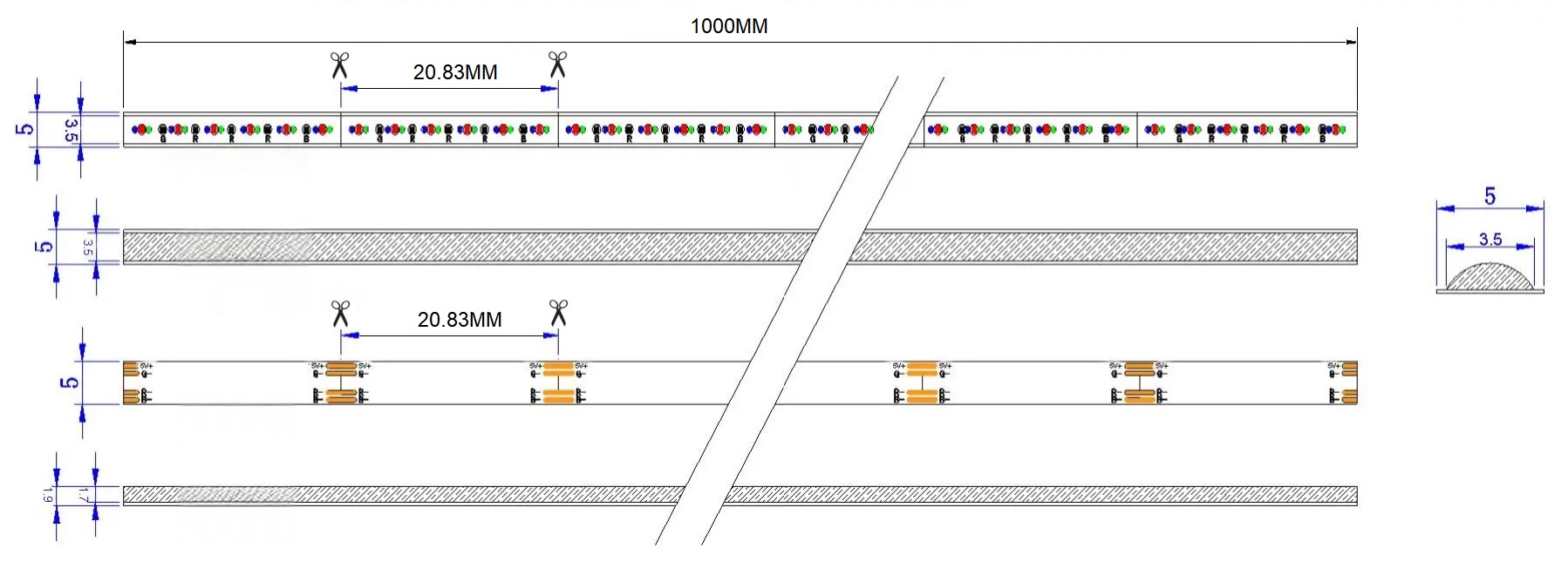 0.5M RGB LED Strip, 576LEDs/m, 5mm Width, 5V, 10W/M, 20.83mm Cut, Static Color Mechanical Dimensions