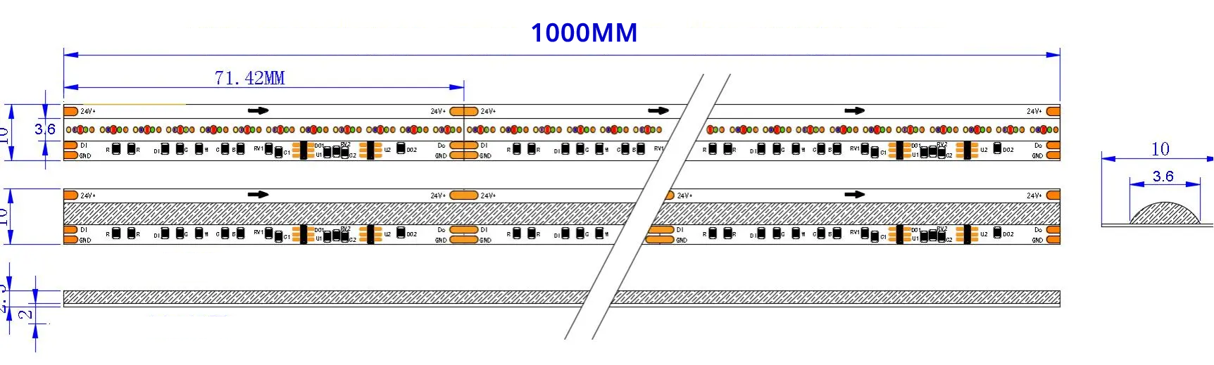 0.5M JD36703A Addressable LED Strip, 840LEDs/m, 10mm Width, 24V, 23W/M, 71.43 Cut, RGBIC Dimensions